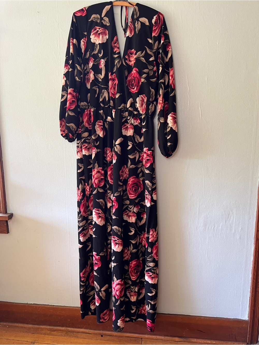 Fashion Nova Black Maxi Jumpsuit with Red Rose Print, flowy and comfortable